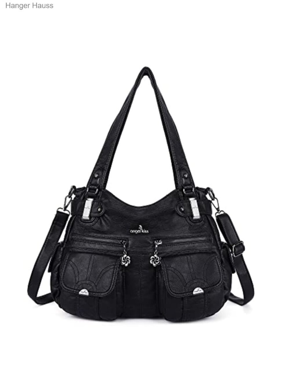 Large Double Zipper Multi Pocket Washed PU Leather Satchel Handbag Shoulder Bag